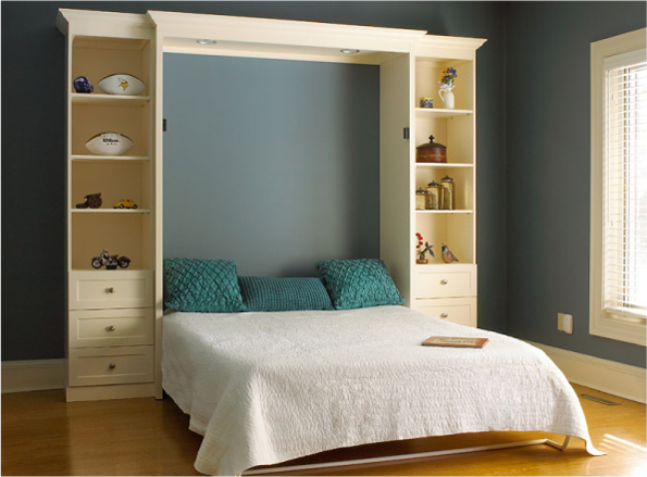 Armoire lit double avec étagères