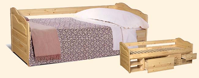 Lit en bois clair avec tiroirs