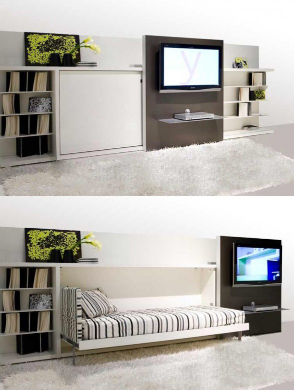 Le lit de transformateur unique est caché derrière un support de plasma mobile