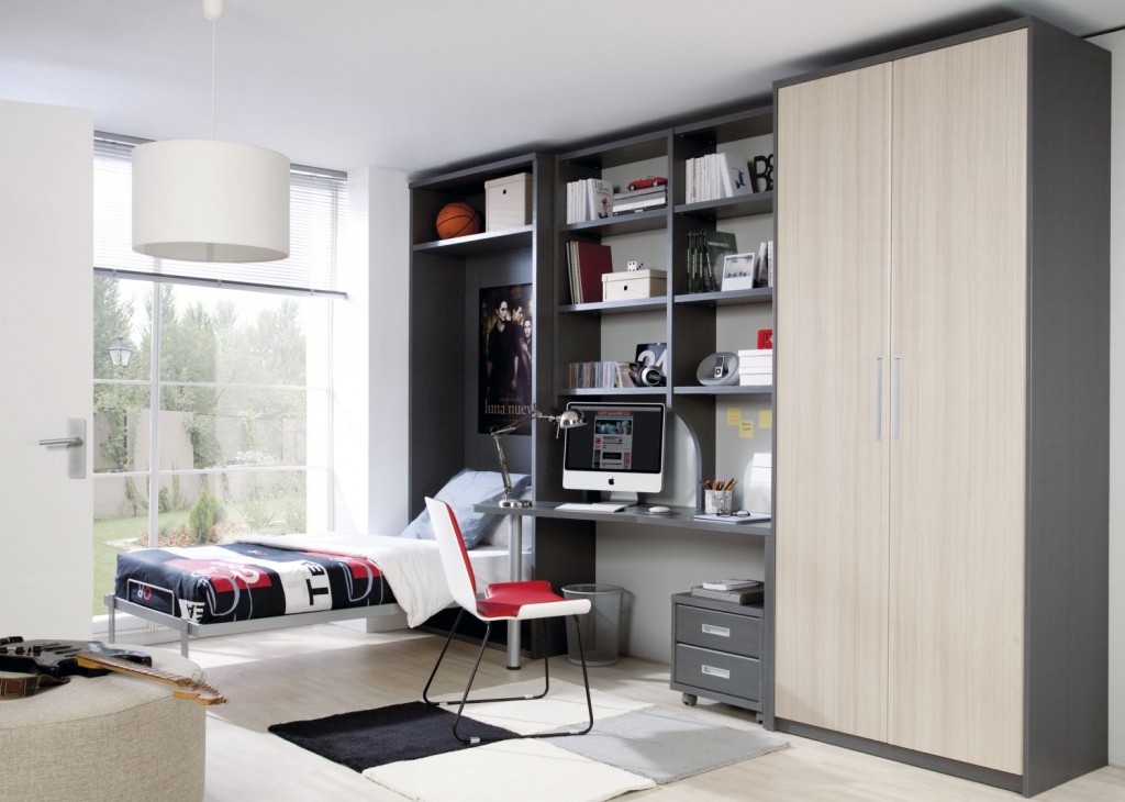 Lit armoire gris foncé avec table et armoire