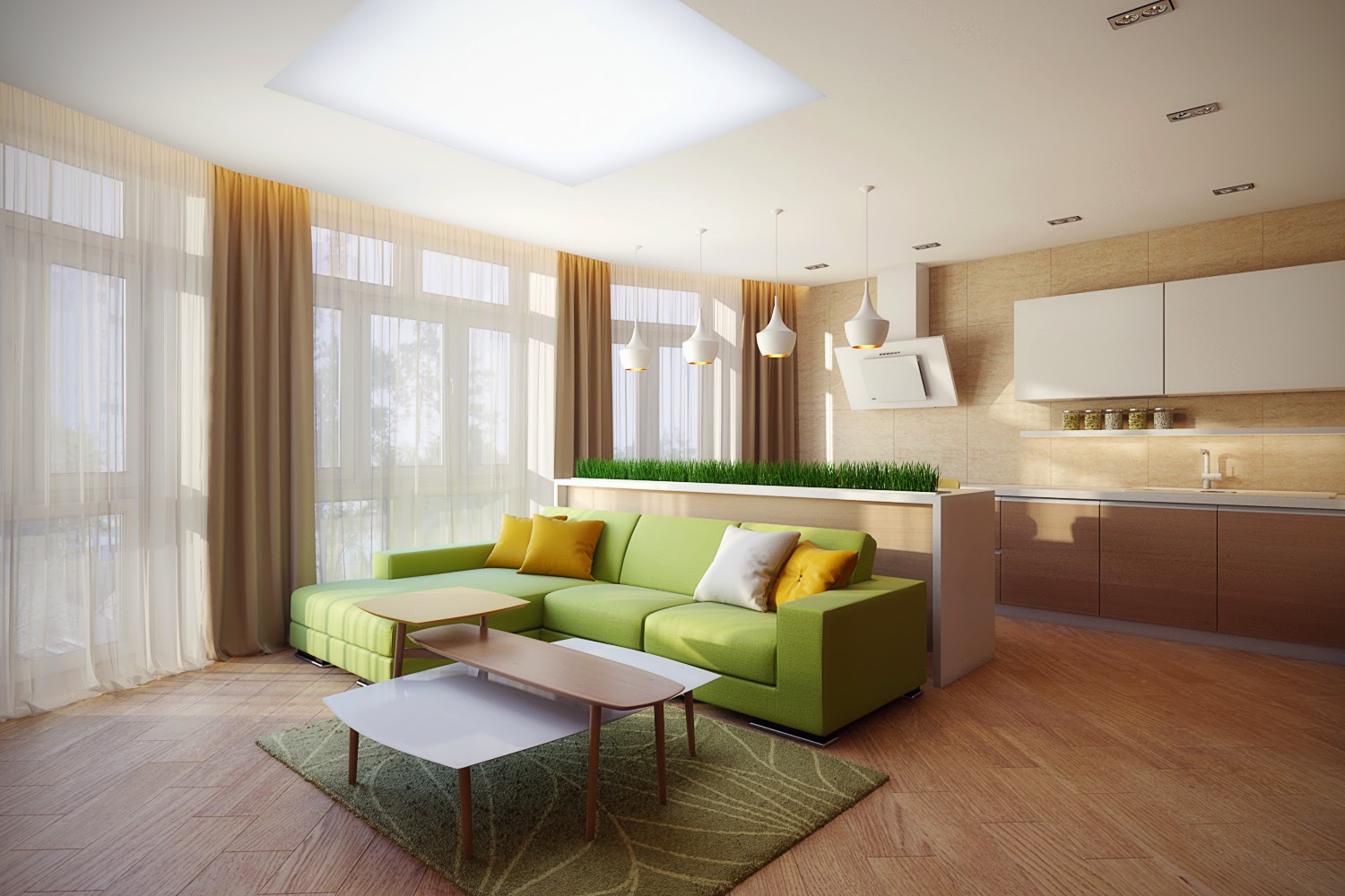 Canapé vert clair dans la cuisine du salon