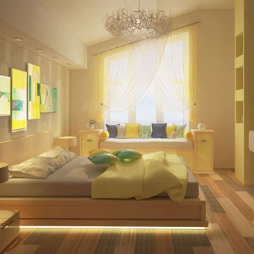Intérieur d'une chambre avec un joli lit jaune