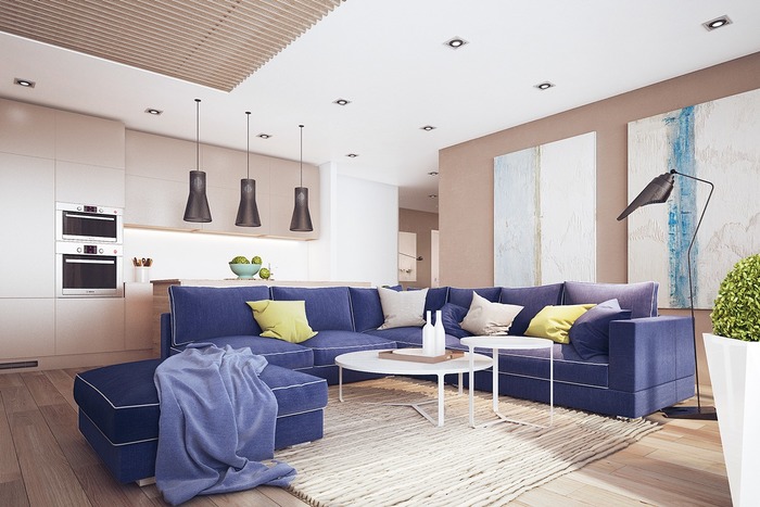 Intérieur de la chambre avec canapé bleu