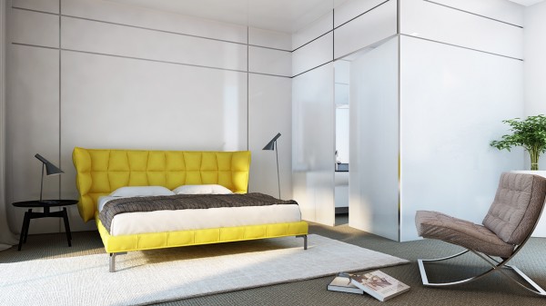 Conception de chambre minimaliste avec un lit jaune